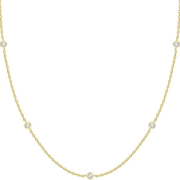 Jewelry - 14K Gold Plated Station Necklace Simulated Diamond Layering Choker Women 15"